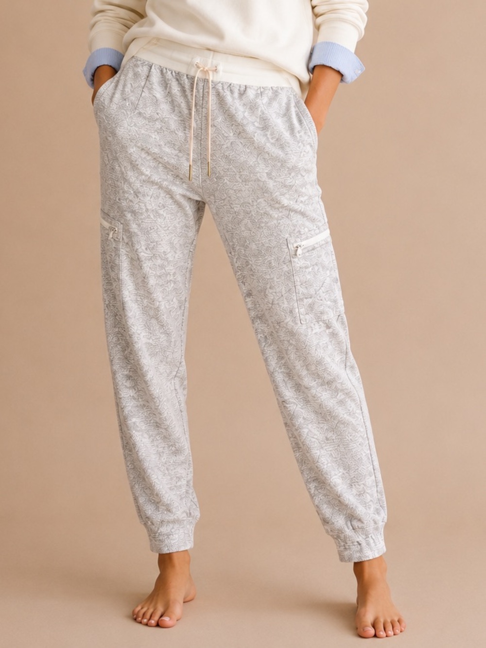 White Silver Textured Cargo Jogger Pants Zipper Pockets M